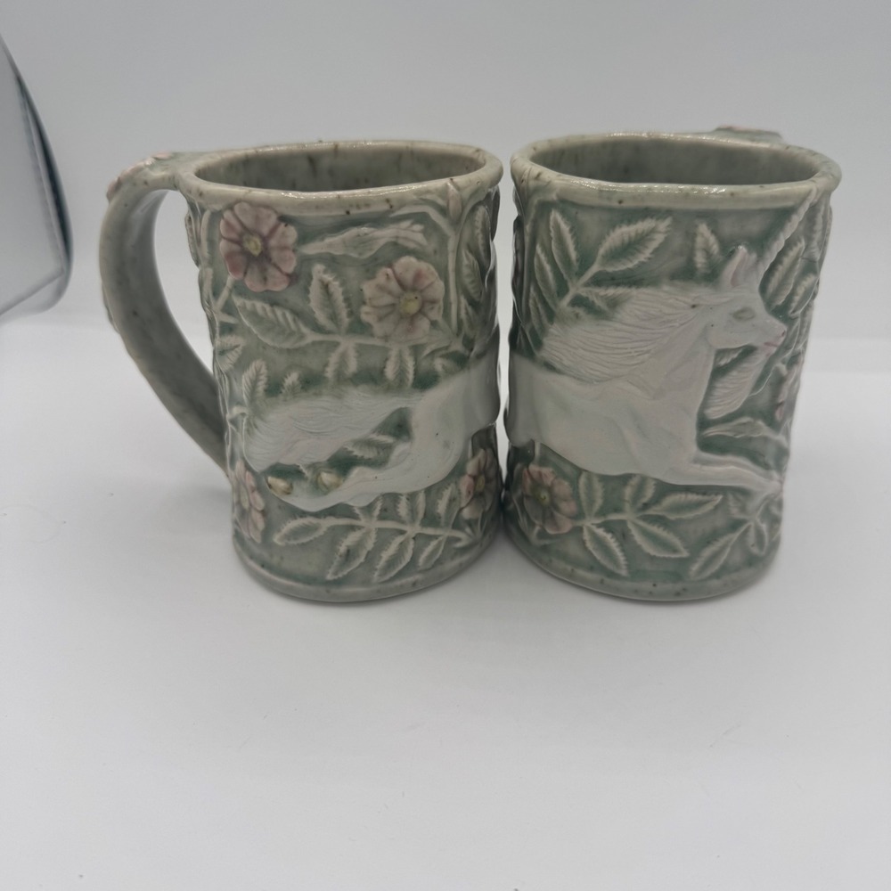 Vintage 1998 Kim Fritts Studio Pottery Unicorn Mugs Set of 2 Relief Ceramic Art